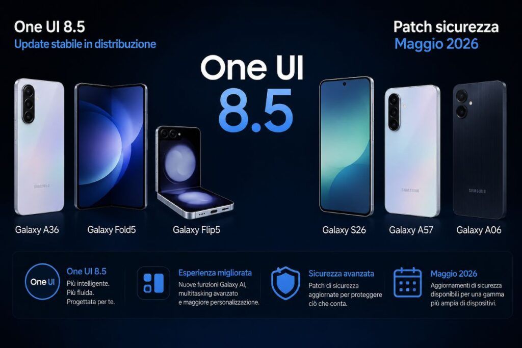 One UI 8.5 arriva su Galaxy A36, Fold5, Flip5 e patch Maggio su S26 2 one ui 8 5 a36 fold5 flip5 s26