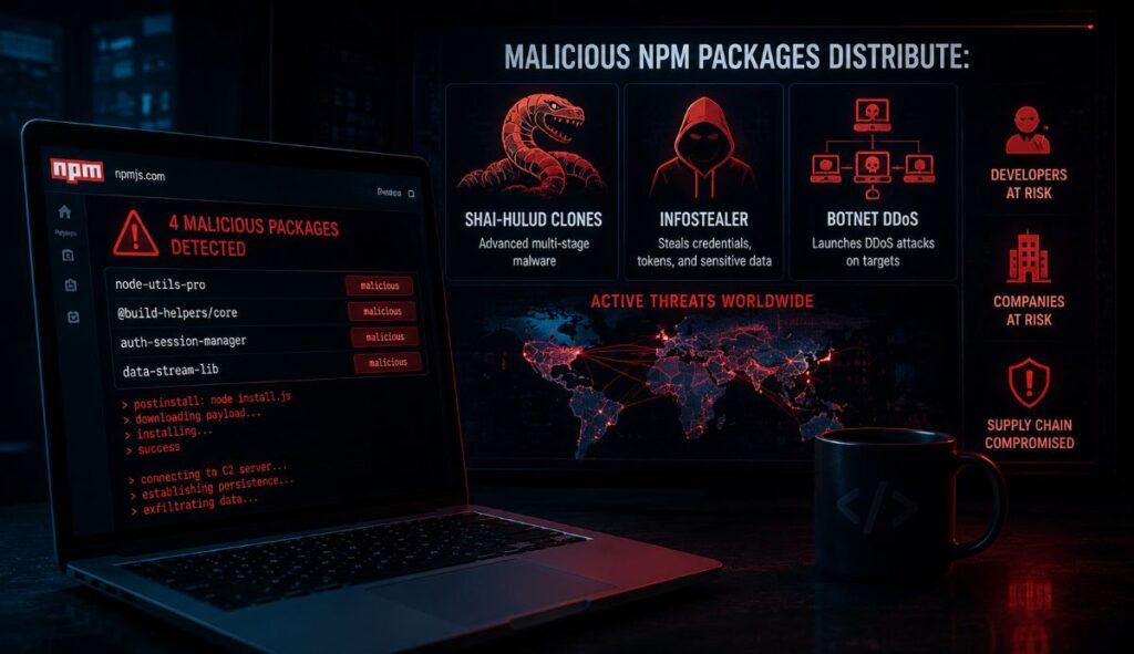 Quattro pacchetti npm malevoli diffondono Shai-Hulud e botnet DDoS 2 pacchetti npm malevoli