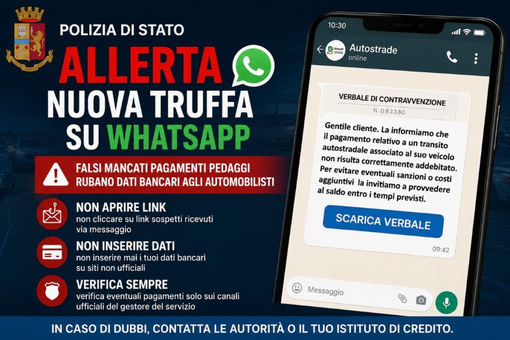 Polizia di Stato avverte su truffa WhatsApp dei pedaggi Autostrade 2 truffa whatsapp autostrade