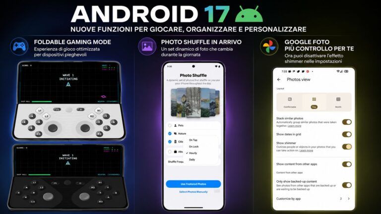 android 17 foldable gaming mode photo shuffle google foto shimmer