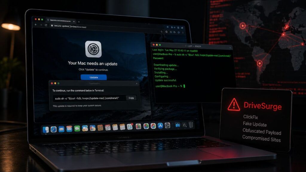 DriveSurge colpisce macOS con ClickFix e fake update su siti compromessi 2 drivesurge malware macos clickfix