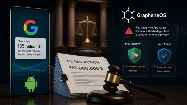 google accordo 135 milioni dati android grapheneos play integrity
