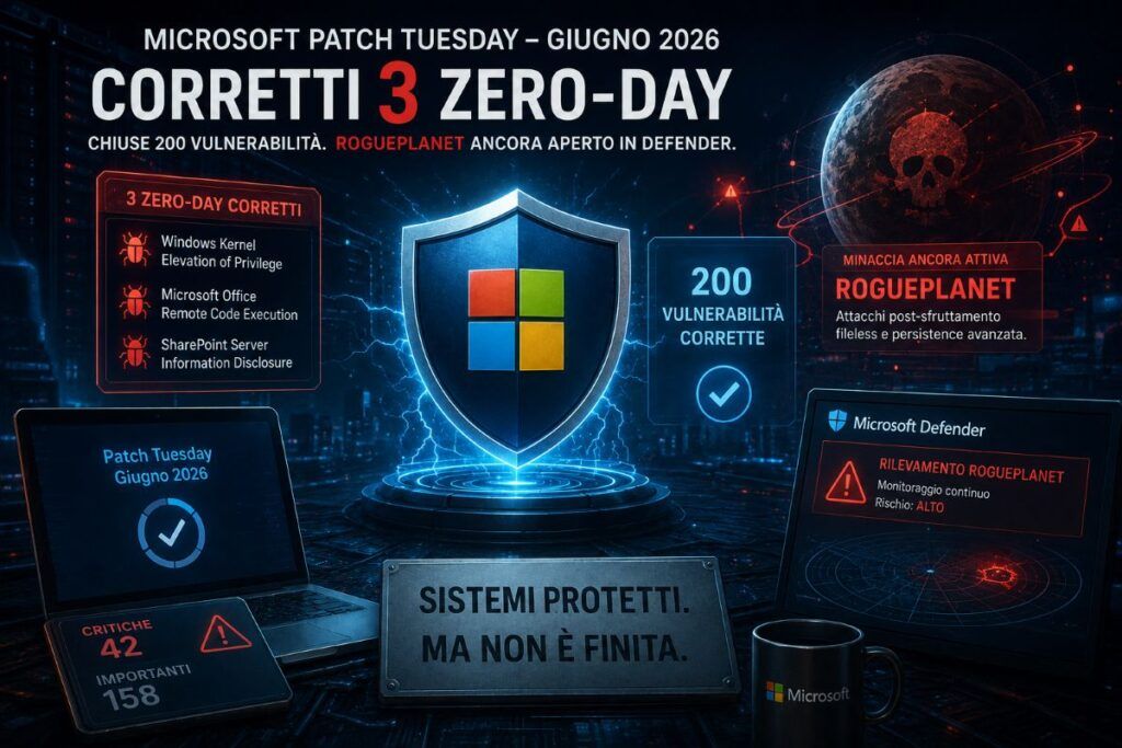 Microsoft corregge 3 zero-day nel Patch Tuesday e lascia aperto RoguePlanet 2 microsoft patch tuesday giugno 2026 zero day rogueplanet