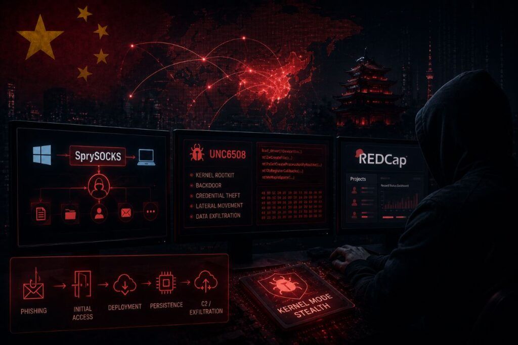 Evoluzione delle minacce APT cinesi: l'analisi dei vettori kernel-level di SprySOCKS e della persistenza su piattaforme REDCap 2 sprysocks unc6508 spionaggio cinese