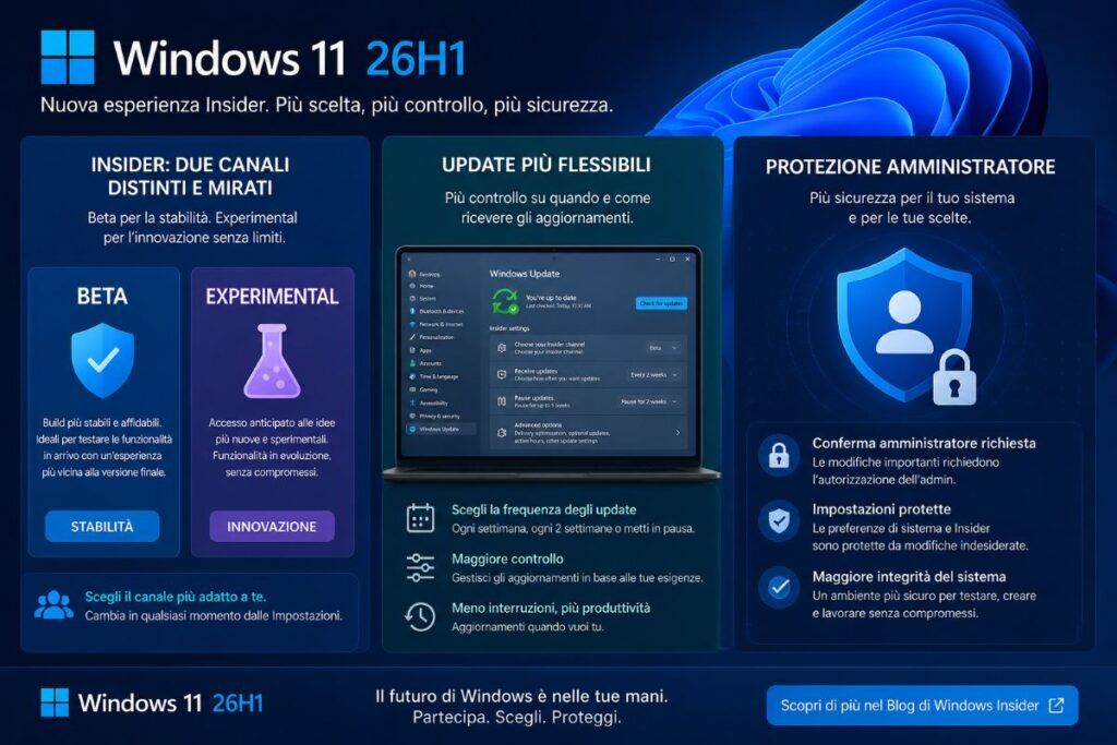 Windows 11 26H1 divide Beta ed Experimental con nuove build Insider 3 windows 11 26h1 beta experimental infografica