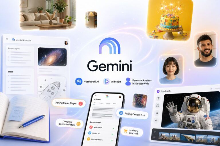 google gemini notebook ai mode connected apps avatar vids