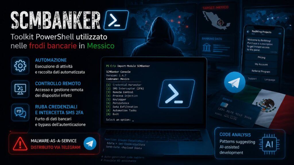 Svuotano i conti mentre guardi lo schermo: SCMBanker è un virus bancario creato con l'IA 2 scmbanker powershell frodi bancarie