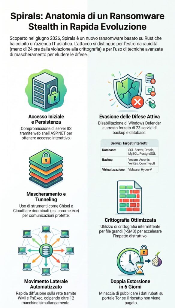 Allarme Spirals: il nuovo ransomware scritto in Rust che buca i server IIS e lancia attacchi letali in meno di 24 ore 3 spirals ransomware infografica