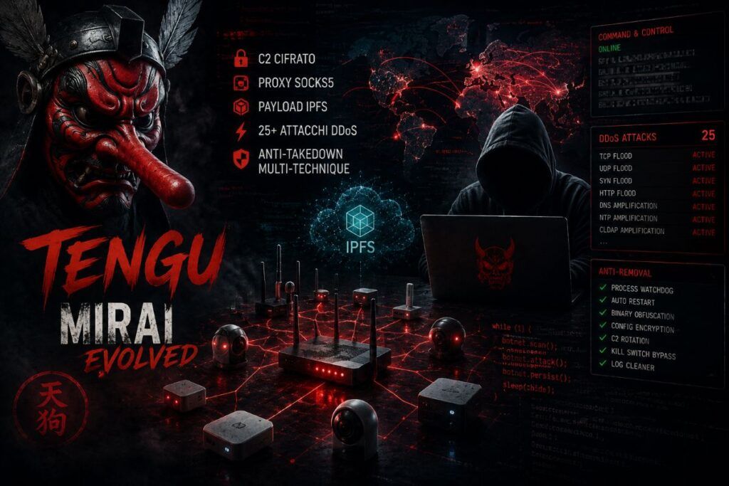 Tengu evolve Mirai con proxy, IPFS e persistenza aggressiva 2 tengu mirai botnet iot persistenza