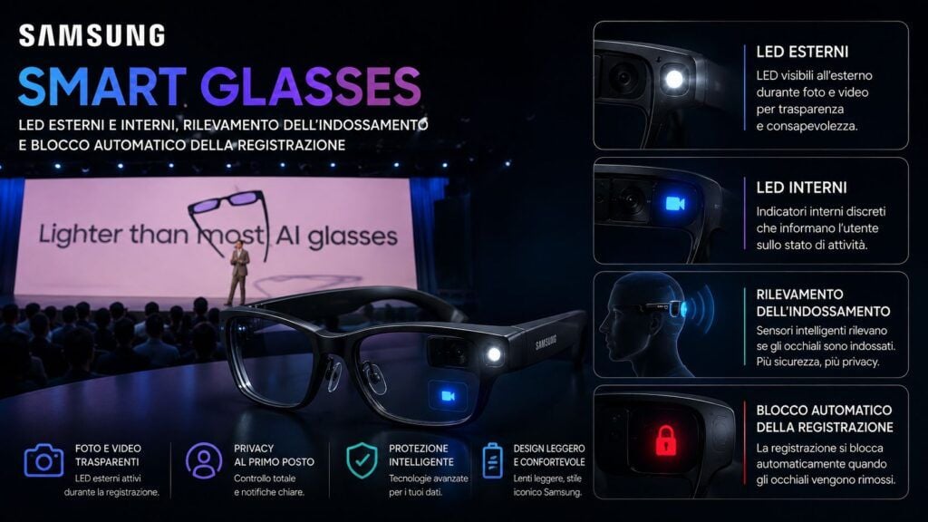 Samsung Smart Glasses blindano la registrazione: LED anti-manomissione e privacy hardware 3 Galaxy Smart Glasses infografica