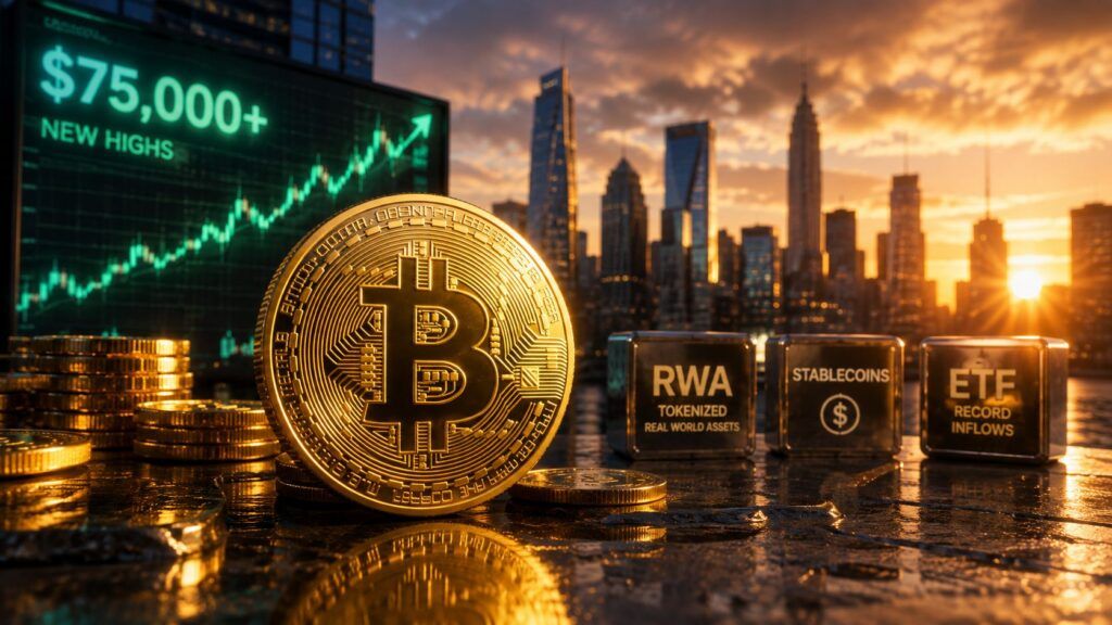 Bitcoin supera 75.000 dollari: ETF, short squeeze e RWA riaccendono il mercato crypto 2 bitcoin 75000 etf rwa stablecoin