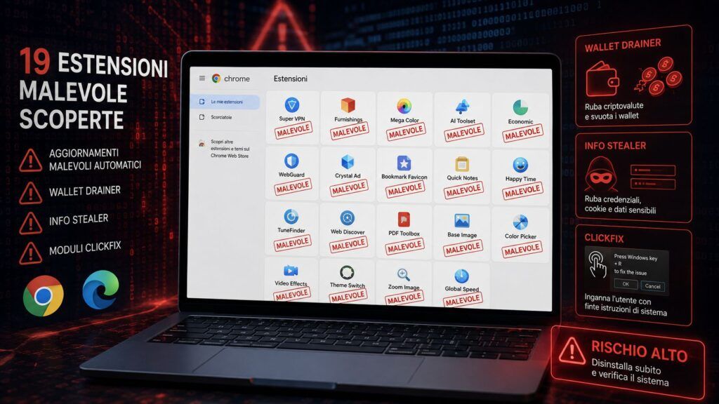 Chrome ed Edge sotto attacco: 19 estensioni rubano wallet, credenziali e sessioni 2 chrome edge 19 estensioni wallet drainer superior