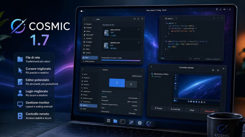 COSMIC 1.7 accelera i file di rete e migliora accessibilità e stabilità 3 cosmic 1 7 file rete accessibilita infografica