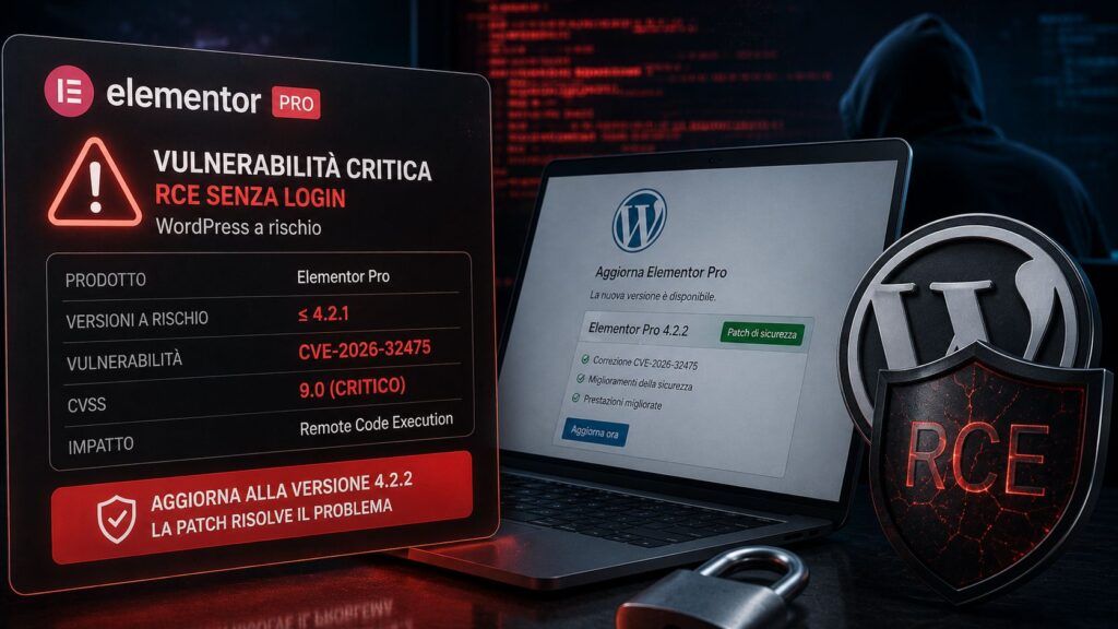 Elementor Pro espone WordPress a RCE senza login mentre CISA amplia il catalogo KEV 2 elementor pro cve 2026 32475 wordpress rce cisa kev