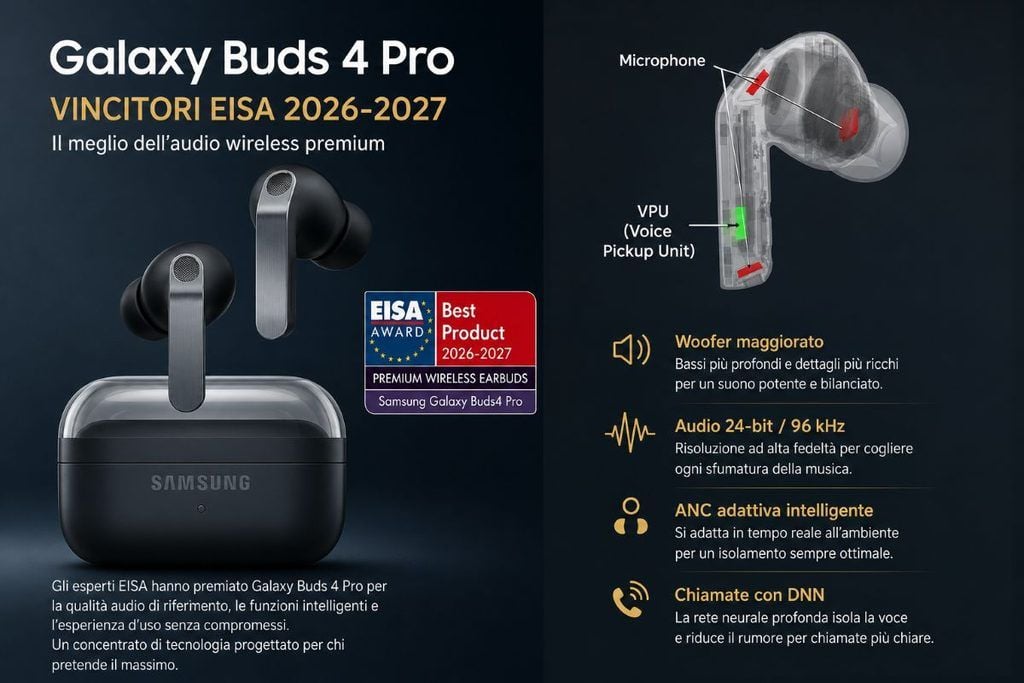 Galaxy Buds 4 Pro vincono l'EISA Award per audio Hi-Fi, ANC e chiamate 4 galaxy buds 4 pro eisa audio hi fi infografica