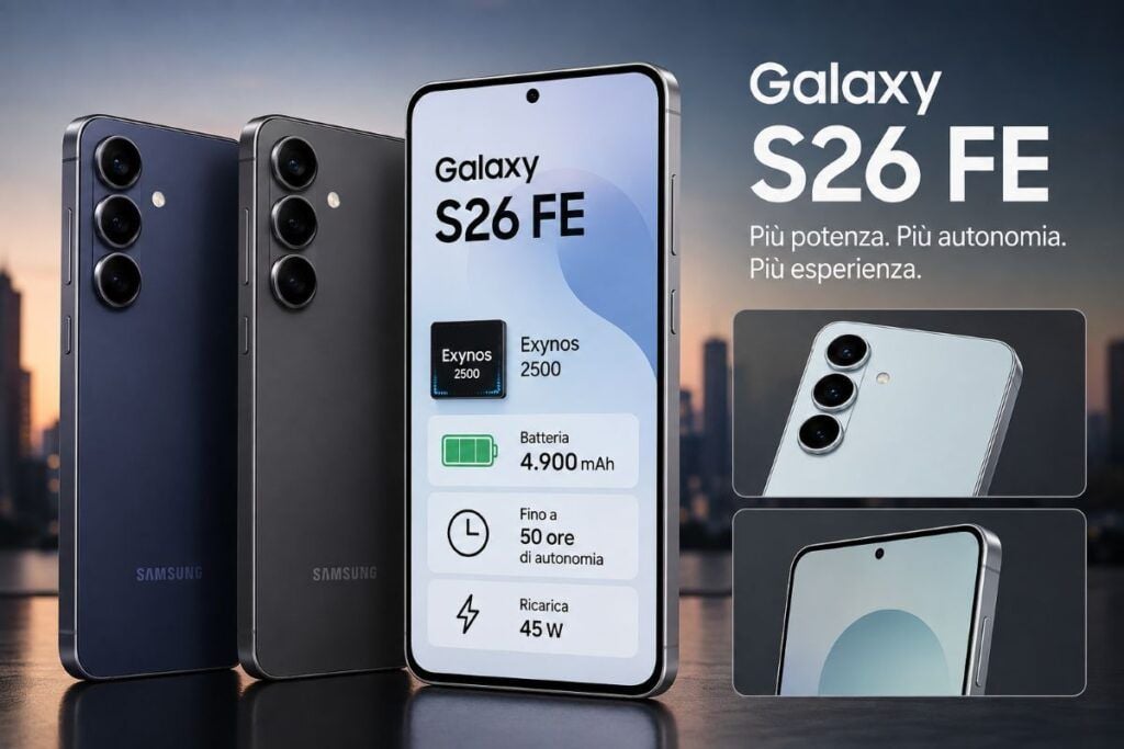Galaxy S26 FE svelato: Exynos 2500, 50 ore di autonomia e batteria da 1.200 cicli 2 galaxy s26 fe exynos 2500 batteria autonomia