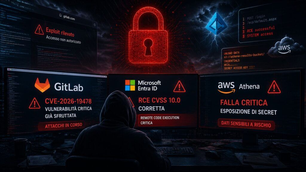 GitLab sfruttato in pochi giorni, Entra ID colpito da una RCE CVSS 10 e AWS corregge Athena 2 gitlab entra id aws athena vulnerabilita