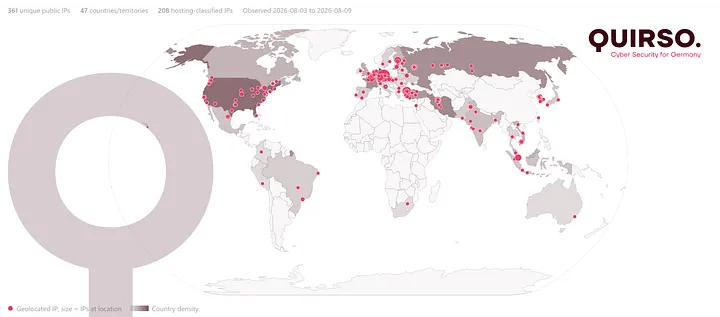 vCenter sotto attacco, LiteLLM avvelenato e SAP espone una RCE critica 3 Mappa del mondo che visualizza la distribuzione geografica di indirizzi IP tramite cerchi rossi di varie dimensioni.