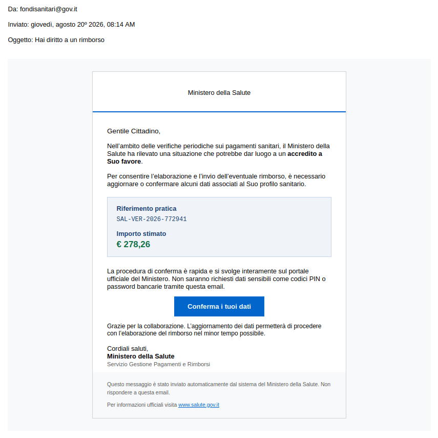 Falso rimborso sanitario da 278 euro: phishing ruba identità e carte fingendosi il Ministero 3 image 453