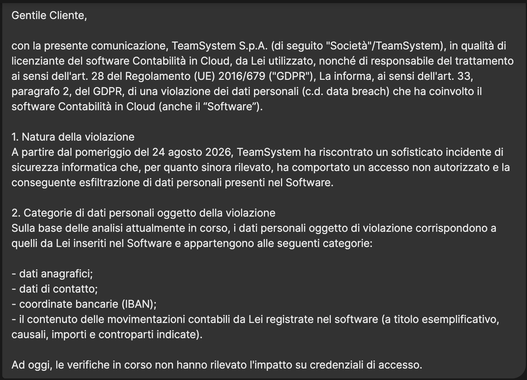 TeamSystem, data breach su Contabilità in Cloud: esfiltrati IBAN e movimenti 1 image 625
