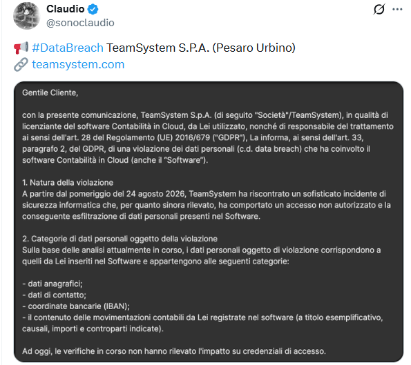 TeamSystem, data breach su Contabilità in Cloud: esfiltrati IBAN e movimenti 2 image 626