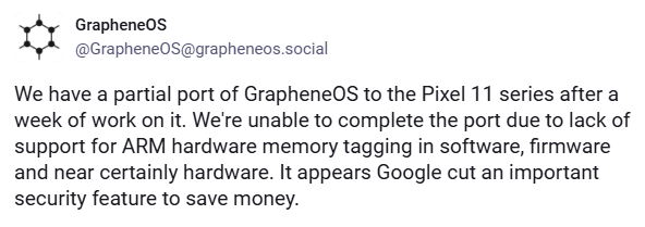 GrapheneOS dice addio ai Pixel 11: Google avrebbe rimosso una protezione hardware critica 1 image 785