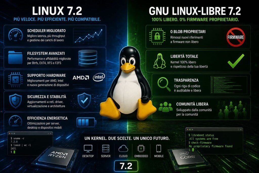 Linux 7.2 accelera scheduler e hardware mentre GNU Linux-libre elimina i blob 3 linux 7 2 gnu linux libre 7 2 infografica 1