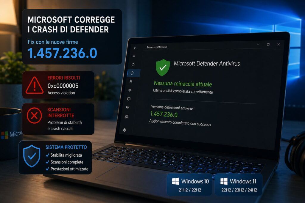 Microsoft Defender va in crash su Windows 10 e 11, il fix arriva con le firme 1.457.236.0 2 microsoft defender crash windows fix 14572360