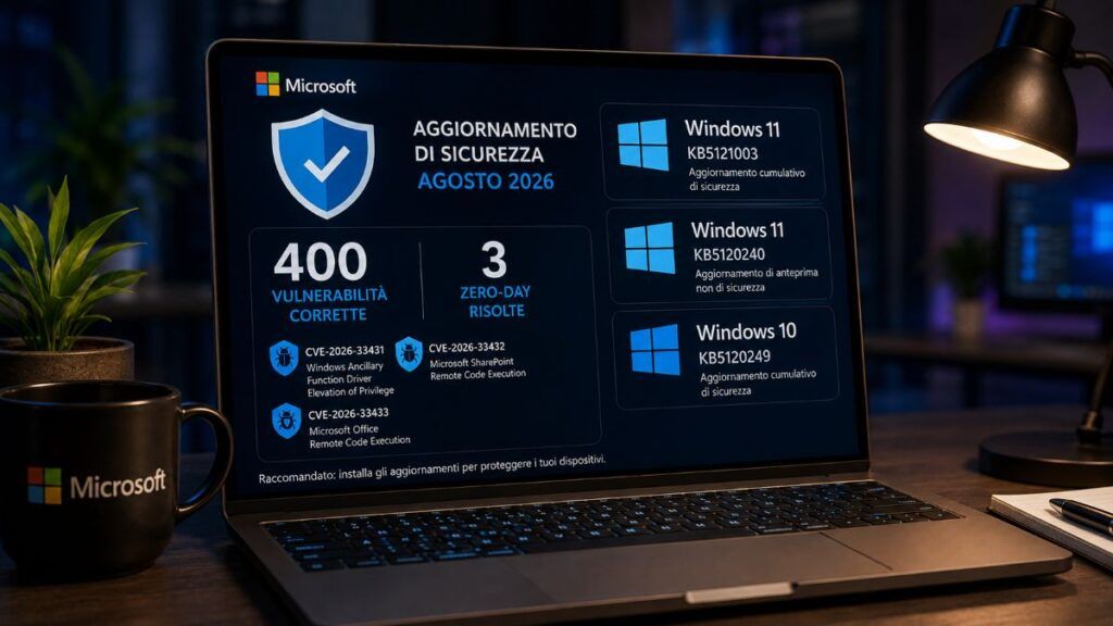 Patch Tuesday agosto 2026 corregge 400 falle e tre zero-day su Windows 2 microsoft windows zero day kb5121003 kb5120240 kb5120249