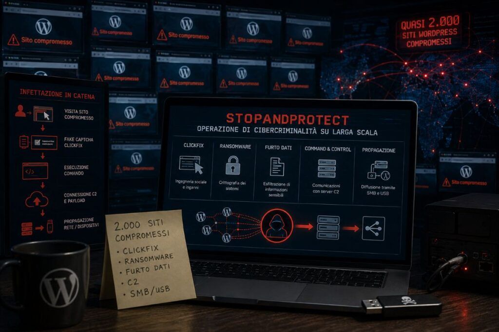 StopAndProtect usa quasi 2.000 siti WordPress per ransomware, furto dati e ClickFix 2 stopandprotect wordpress clickfix ransomware stealer