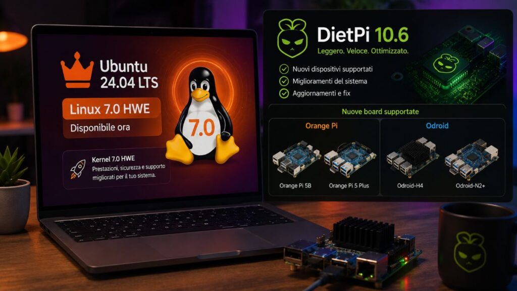 Ubuntu 24.04 LTS passa a Linux 7.0 HWE, DietPi 10.6 amplia gli Orange Pi 2 ubuntu 24 04 linux 7 0 hwe dietpi 10 6 orange pi