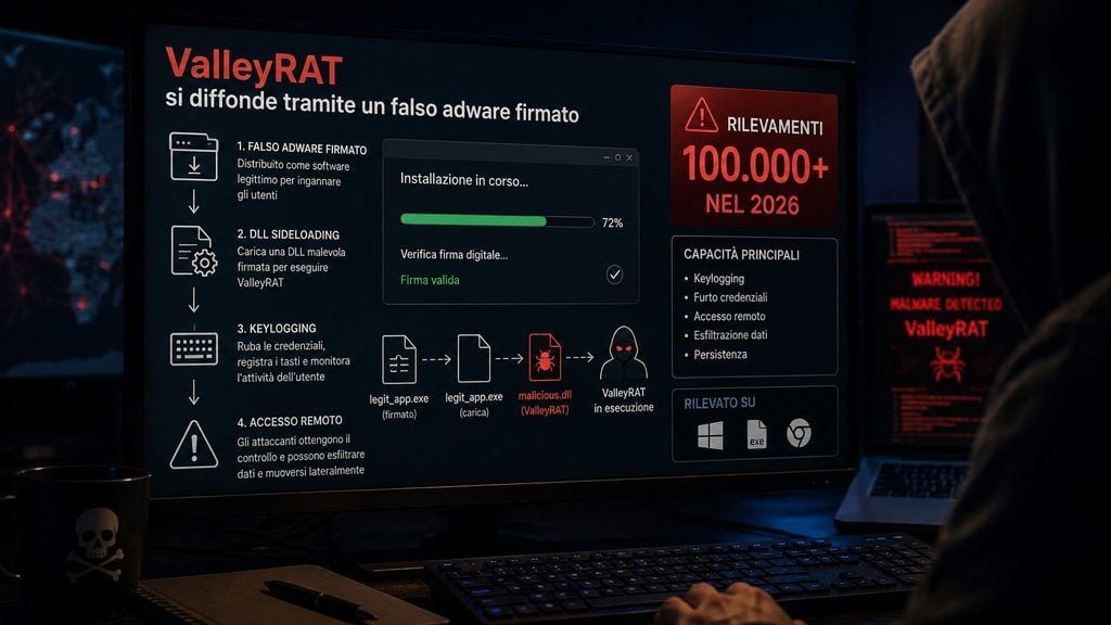 ValleyRAT si traveste da adware firmato: oltre 100.000 rilevamenti nel 2026 4 valleyrat adware silver fox dll sideloading infografica