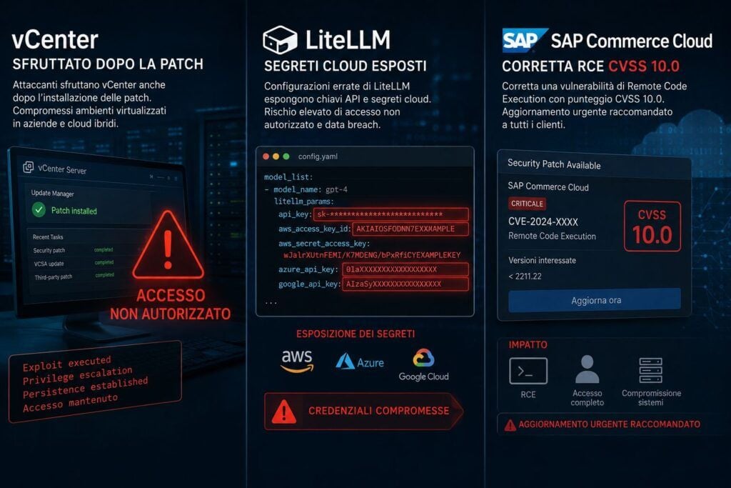 vCenter sotto attacco, LiteLLM avvelenato e SAP espone una RCE critica 6 Infografica che illustra le vulnerabilità di sicurezza in vCenter, LiteLLM e SAP Commerce Cloud con icone di avviso.