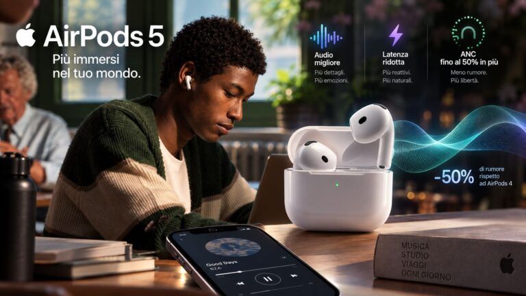 AirPods 5 ufficiali: ANC più efficace del 50% e audio a latenza ridotta 8 airpods 5 anc audio latenza
