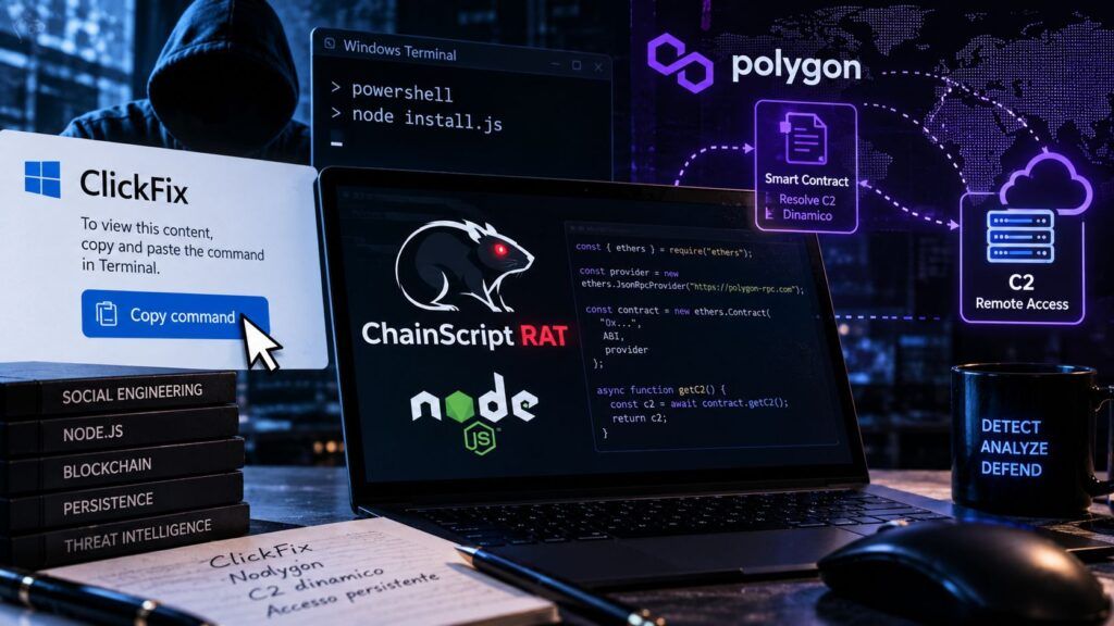 ChainScript RAT usa ClickFix e Polygon: il C2 cambia senza modificare il malware 2 chainscript rat clickfix polygon c2
