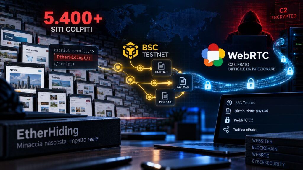 EtherHiding evolve con WebRTC: oltre 5.400 siti trasformano la blockchain in C2 2 etherhiding webrtc blockchain c2 5400 siti