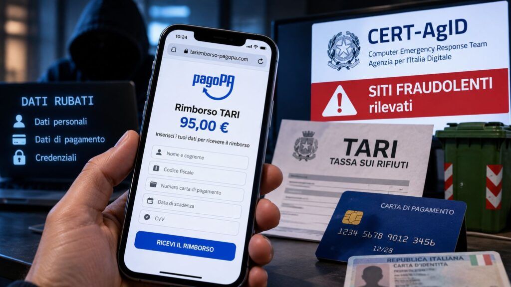 Falso rimborso TARI da 95 euro: phishing pagoPA ruba identità e carte 2 falso rimborso tari phishing pagopa carte