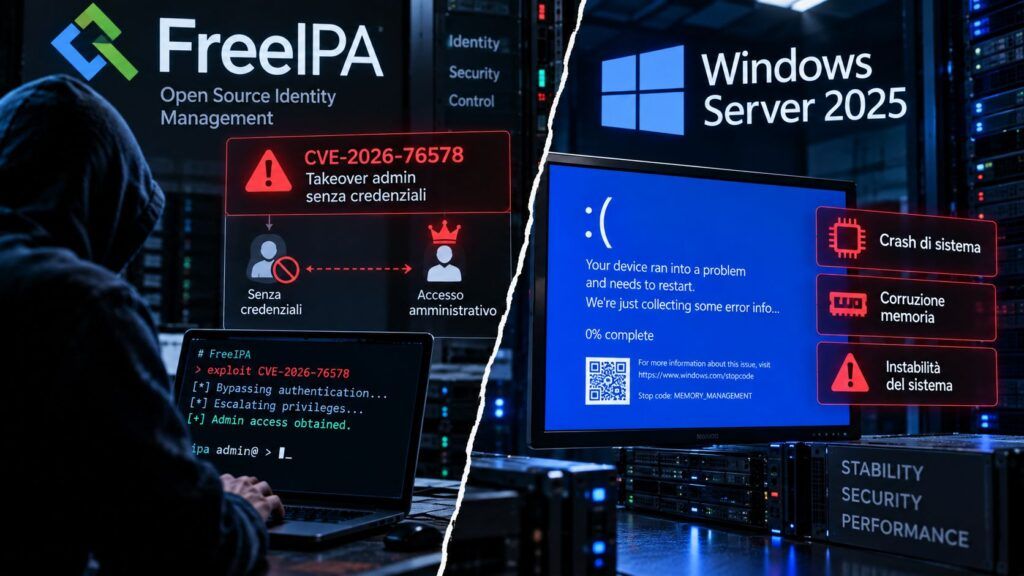 FreeIPA espone gli admin senza login, Windows Server 2025 manda in crash SQL Server 2 freeipa cve 2026 76578 windows server 2025 crash sql server