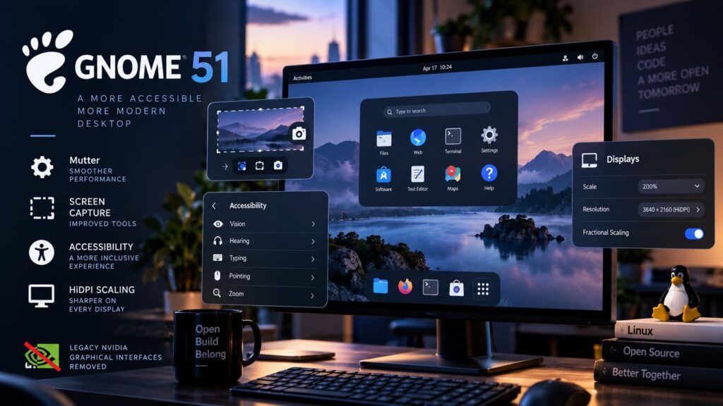 GNOME 51 A Coruña accelera il desktop Linux e taglia il supporto grafico legacy 2 gnome 51 a coruna linux mutter gtk 4 23