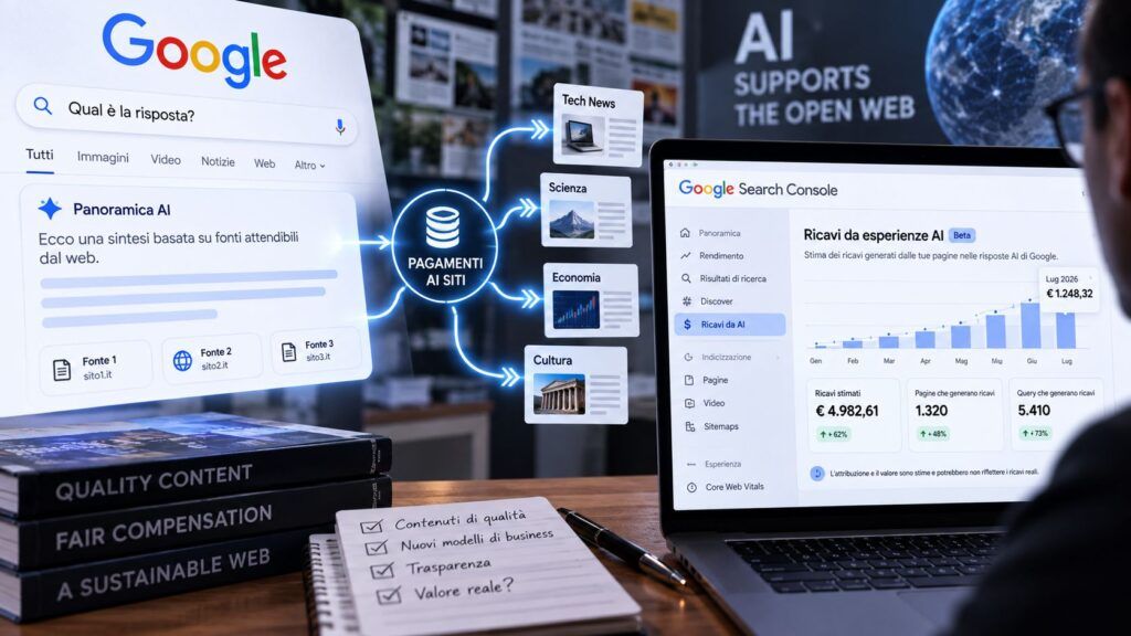 Google inizia a pagare i siti usati dall’AI, ma decide da solo quanto valgono 2 google ai contribution pilot pagamenti editori search console