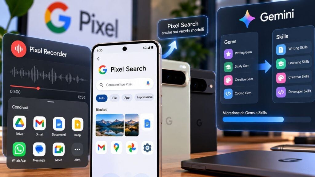 google pixel recorder search gemini gems skills