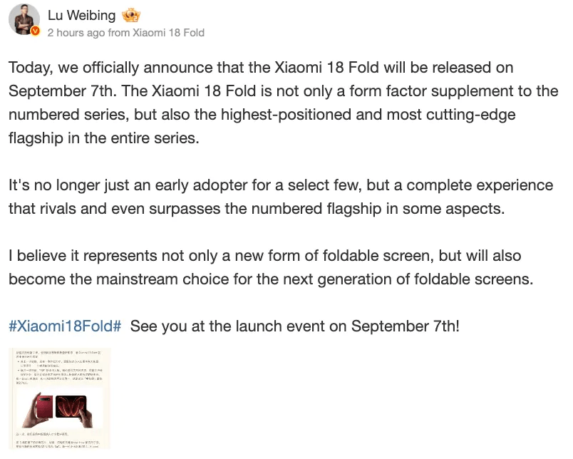 Xiaomi 18 Fold è ufficiale: debutto il 7 settembre con Xring O3 e formato più largo 4 image 110