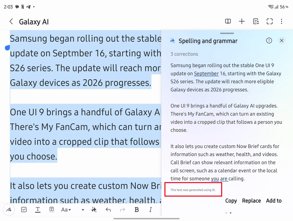 One UI 9 espande Galaxy AI e Samsung Notes etichetta i testi generati dall’AI 4 image 695