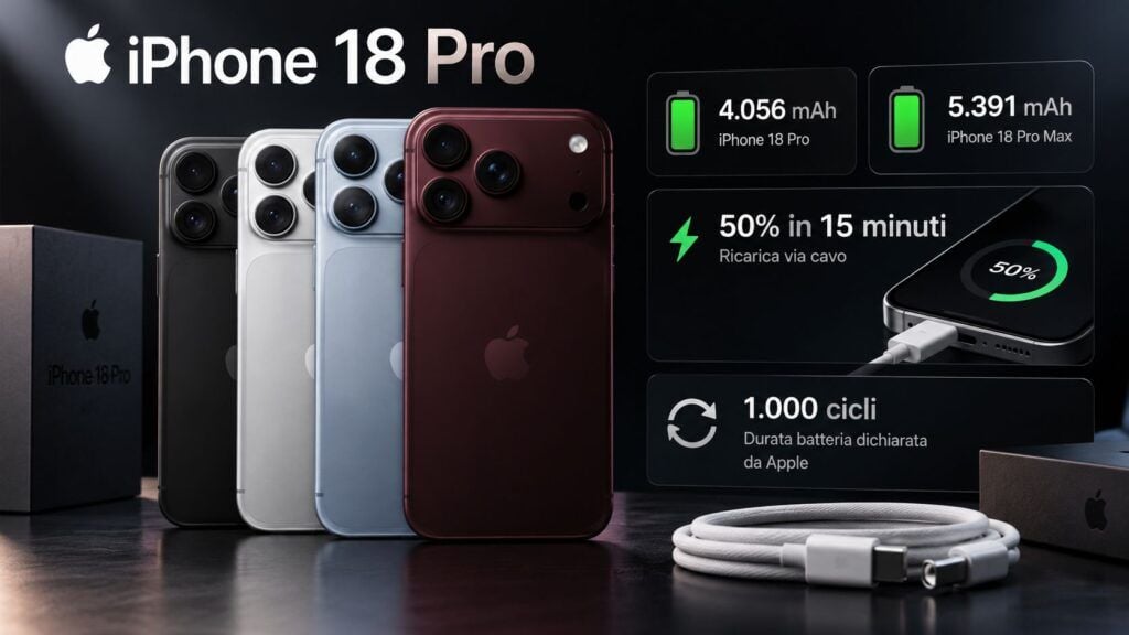 iPhone 18 Pro: batterie da 4.056 e 5.391 mAh, ricarica al 50% in 15 minuti 2 iphone 18 pro batteria ricarica 4056 5391 mah