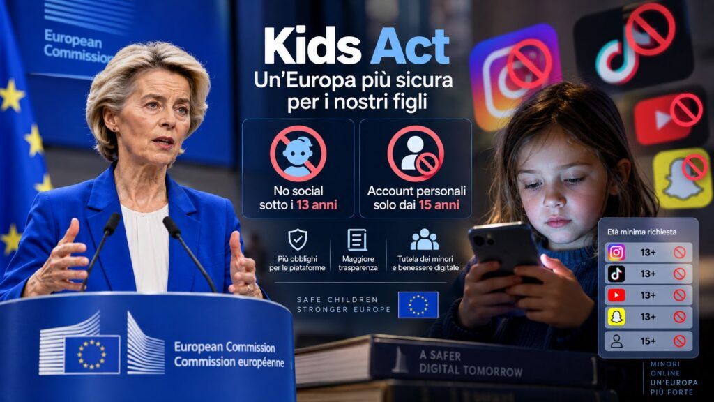Kids Act, l’UE cambia le regole dei social: niente account personali sotto i 15 anni 2 kids act europa social minori 13 15 anni