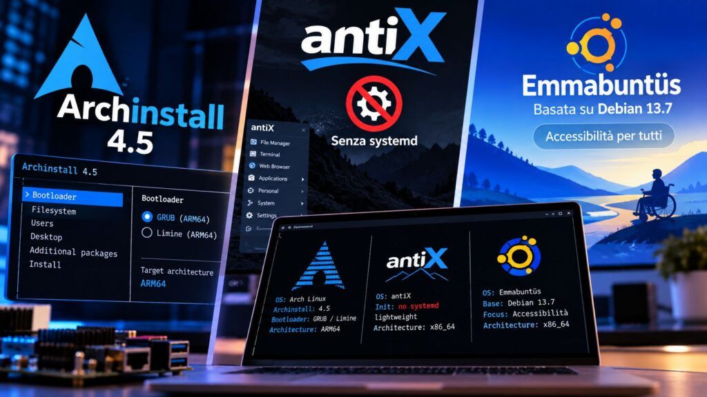 Linux diverge: Archinstall su ARM64, antiX senza systemd e accessibilità 2 linux archinstall arm64 antix emmabuntus