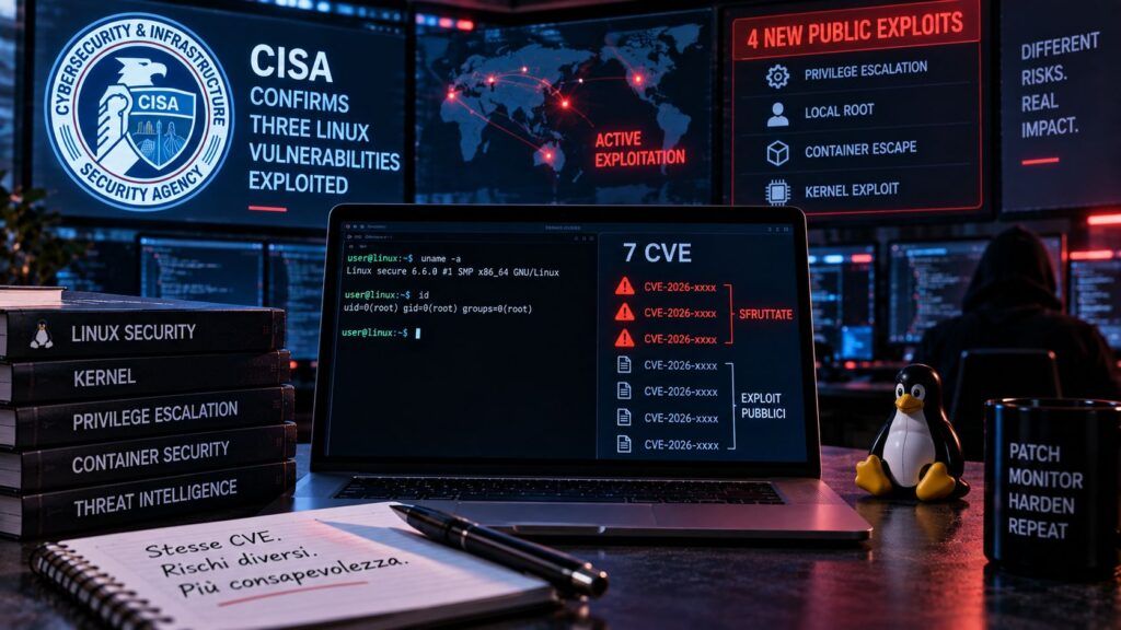 Linux kernel, tre falle sono sfruttate e quattro nuovi exploit portano a root 2 linux kernel cisa kev exploit root settembre 2026