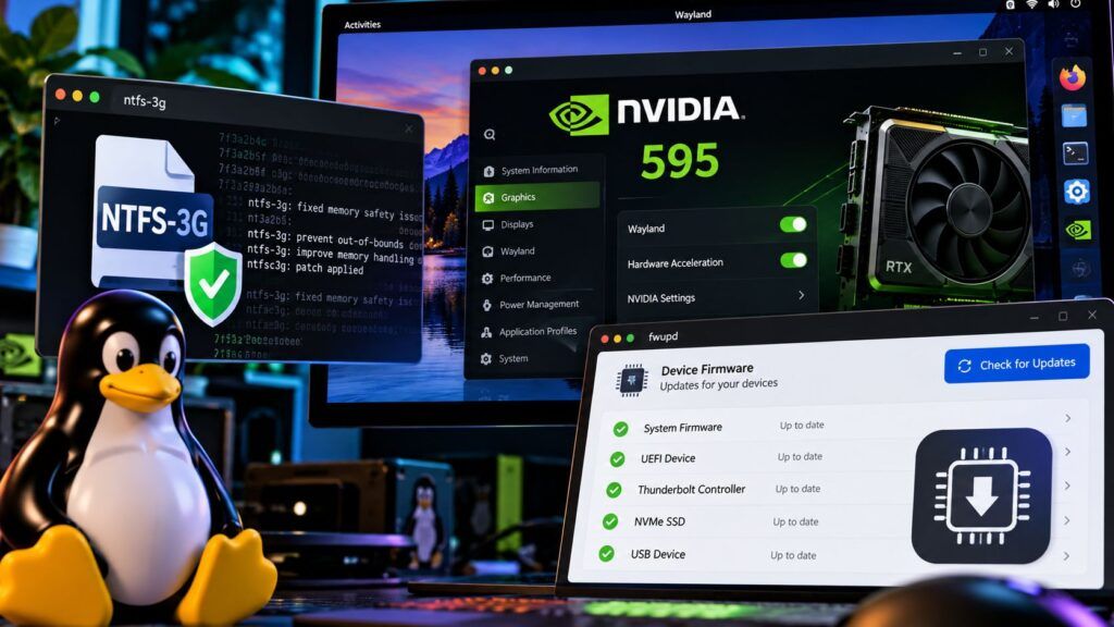 Linux blinda storage, grafica e firmware con NTFS-3G, Nvidia 595 e fwupd 2.1.8 2 linux ntfs 3g nvidia 595 fwupd 2 1 8