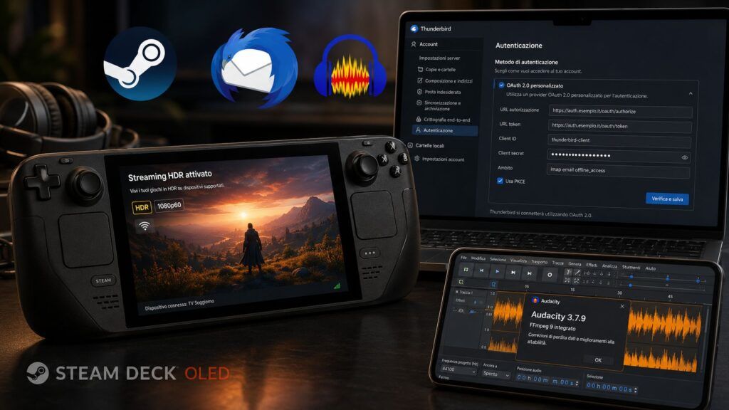 Steam Deck OLED riceve lo streaming HDR, Thunderbird 155 apre OAuth e Audacity supporta FFmpeg 9 2 steam deck oled hdr thunderbird 155 audacity 3 7 9